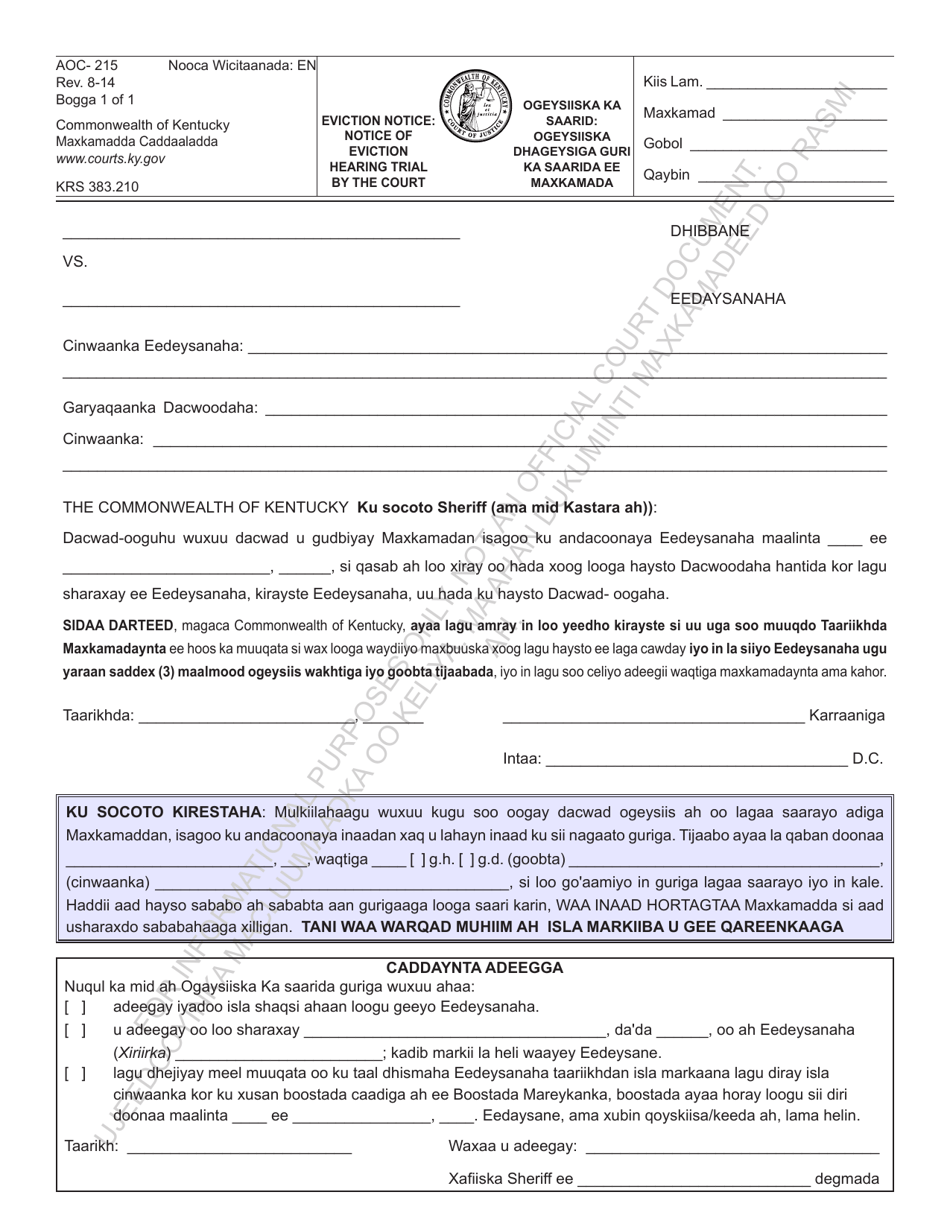 Form AOC-215 Eviction Notice: Notice of Eviction Hearing Trial by Court - Kentucky (Somali), Page 1