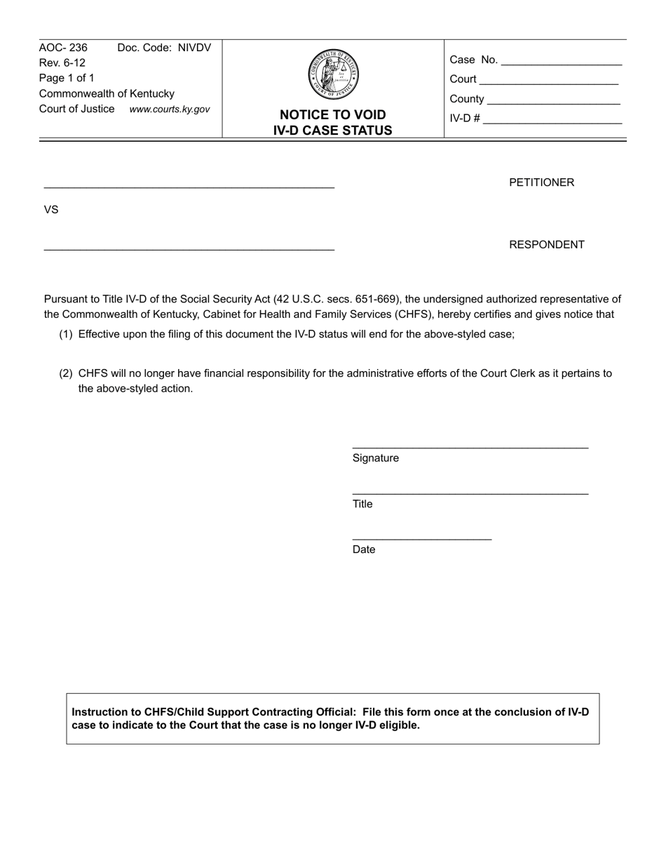 Form AOC-236 Notice to Void IV-D Case Status - Kentucky, Page 1