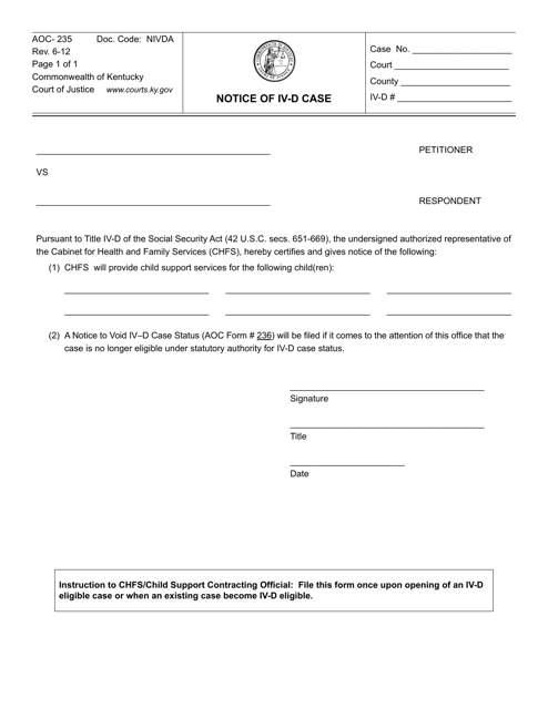 Form AOC-235 Notice of IV-D Case - Kentucky