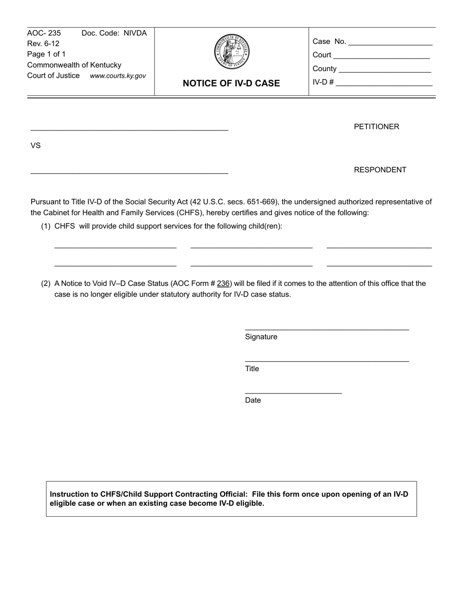 Form AOC-235 Notice of IV-D Case - Kentucky, Page 1
