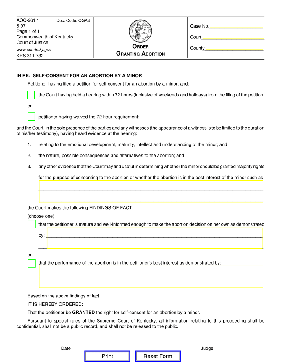 Form AOC-261.1 Order Granting Abortion - Kentucky, Page 1