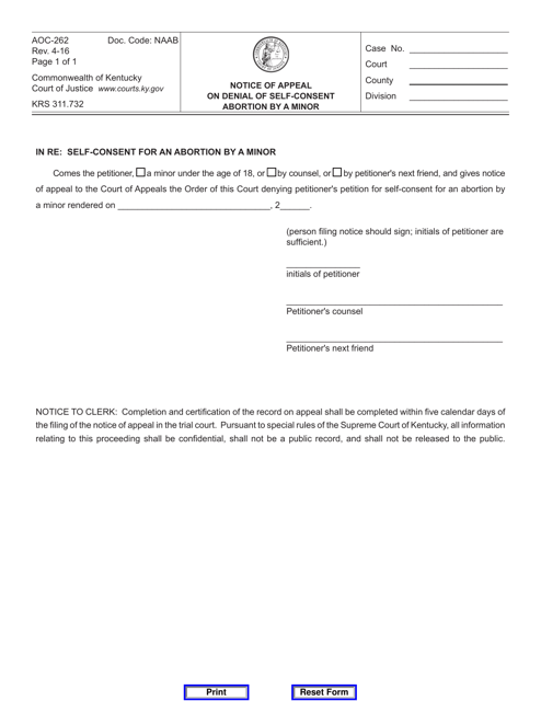 Form AOC-262 Notice of Appeal on Denial of Self-consent Abortion by a Minor - Kentucky
