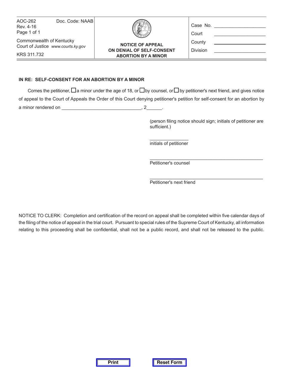 Form AOC-262 Notice of Appeal on Denial of Self-consent Abortion by a Minor - Kentucky, Page 1
