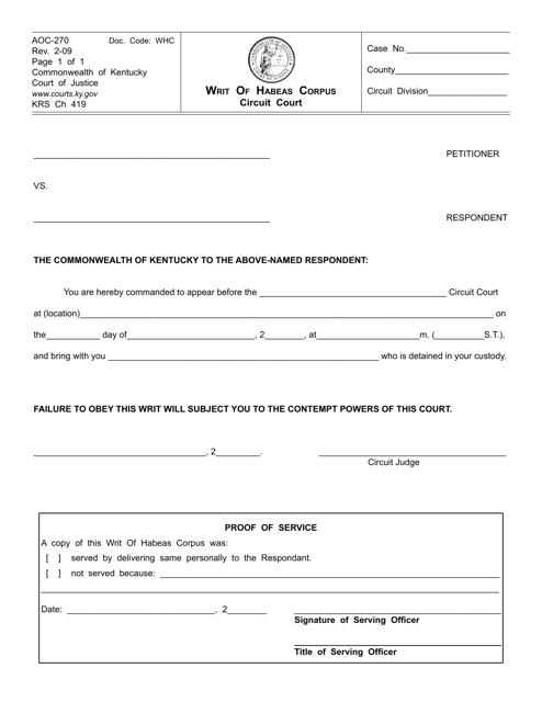 Form AOC-270 Writ of Habeas Corpus Circuit Court - Kentucky