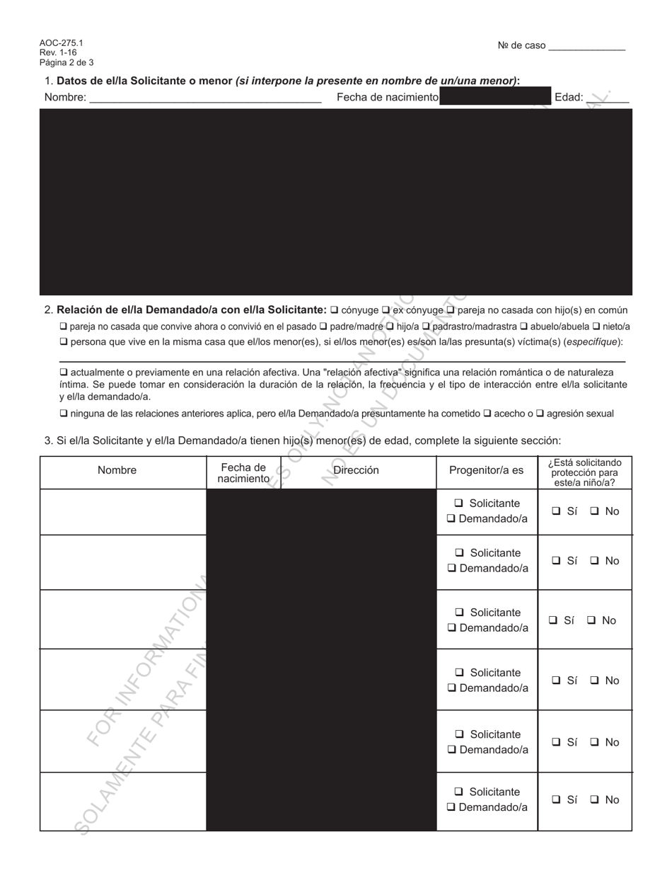 Formulario AOC-275.1 Peticion / Solicitud Para Una Orden De Proteccion - Kentucky (Spanish), Page 3