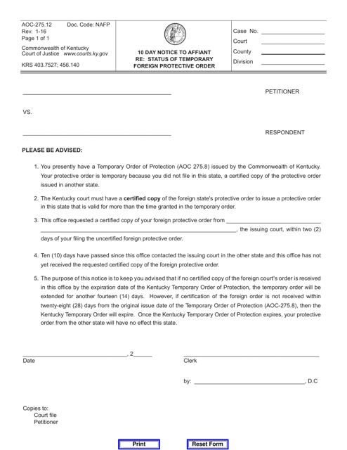 Form AOC-275.12  Printable Pdf
