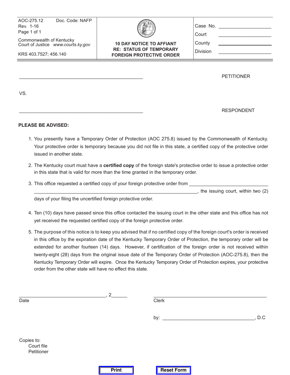 Form AOC-275.12 10 Day Notice to Affiant Re: Status of Temporary Foreign Protective Order - Kentucky, Page 1