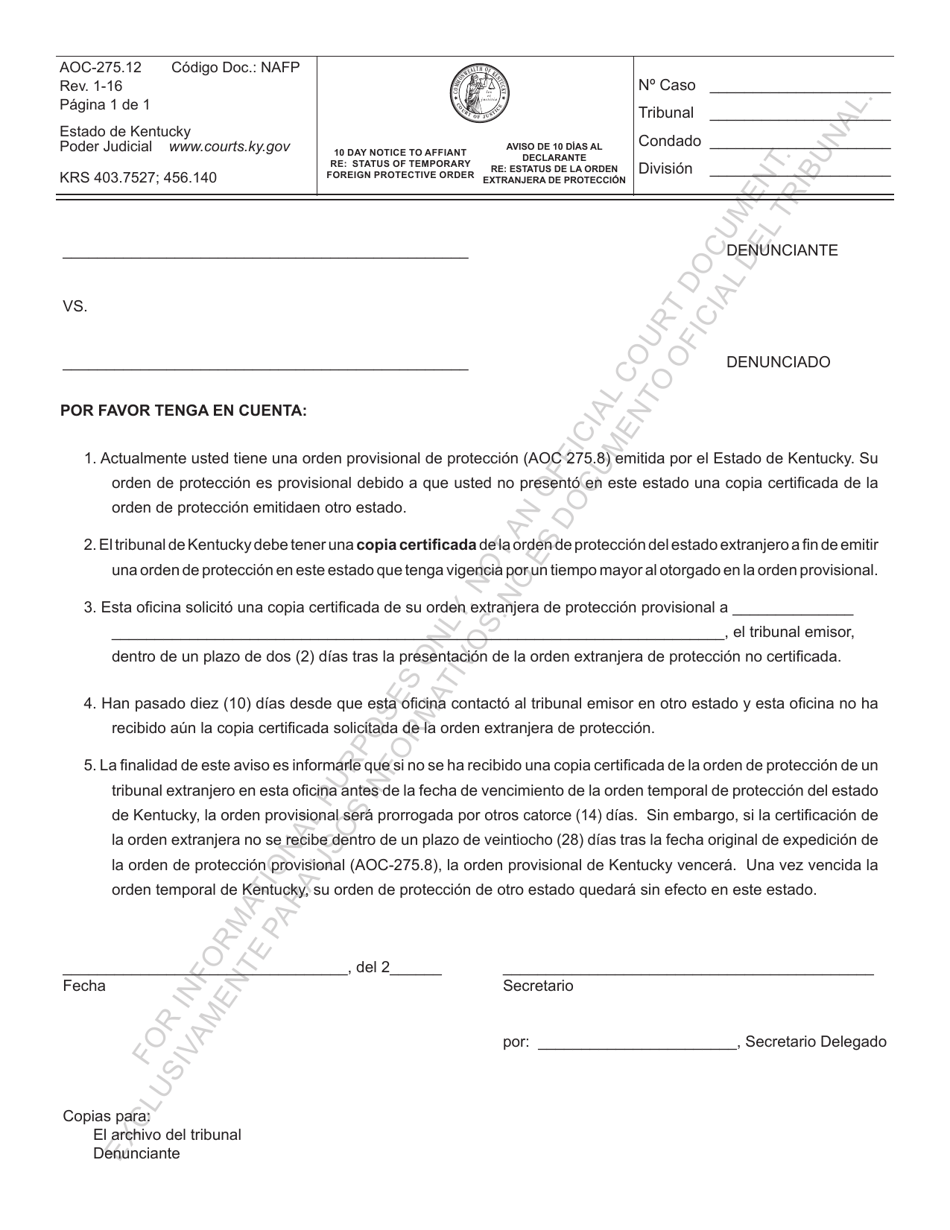 Formulario AOC-275.12 Aviso De 10 Dias Al Declarante Re: Estatus De La Orden Extranjera De Proteccion - Kentucky (Spanish), Page 1
