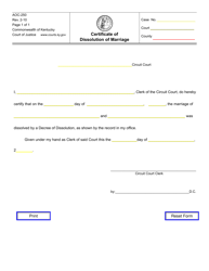 Document preview: Form AOC-250 Certificate of Dissolution of Marriage - Kentucky