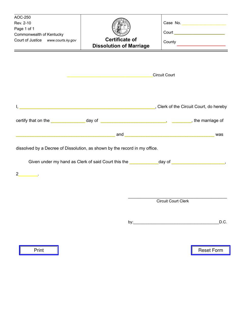 Form AOC-250 Certificate of Dissolution of Marriage - Kentucky, Page 1