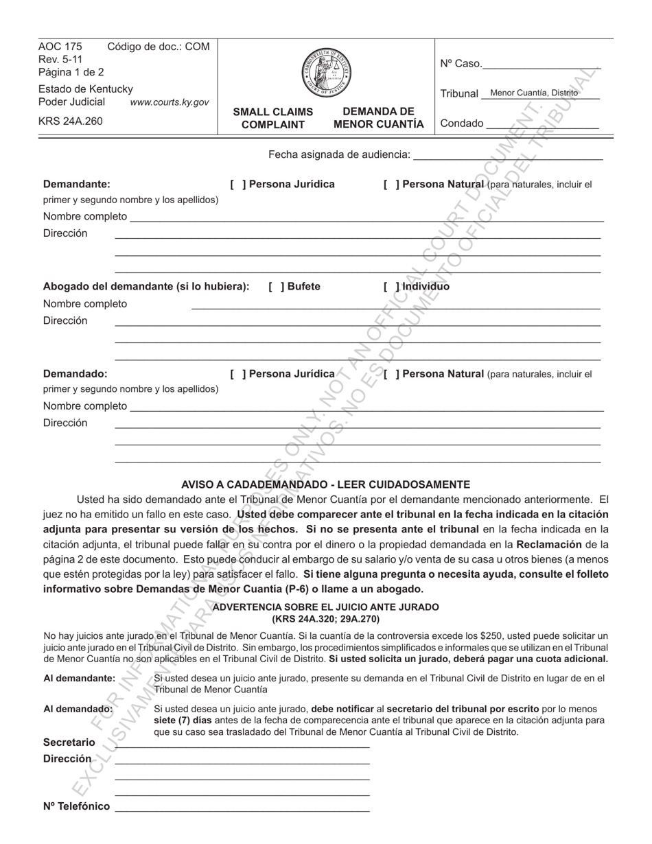 Formulario AOC-175 Demanda De Menor Cuantia - Kentucky (Spanish), Page 1