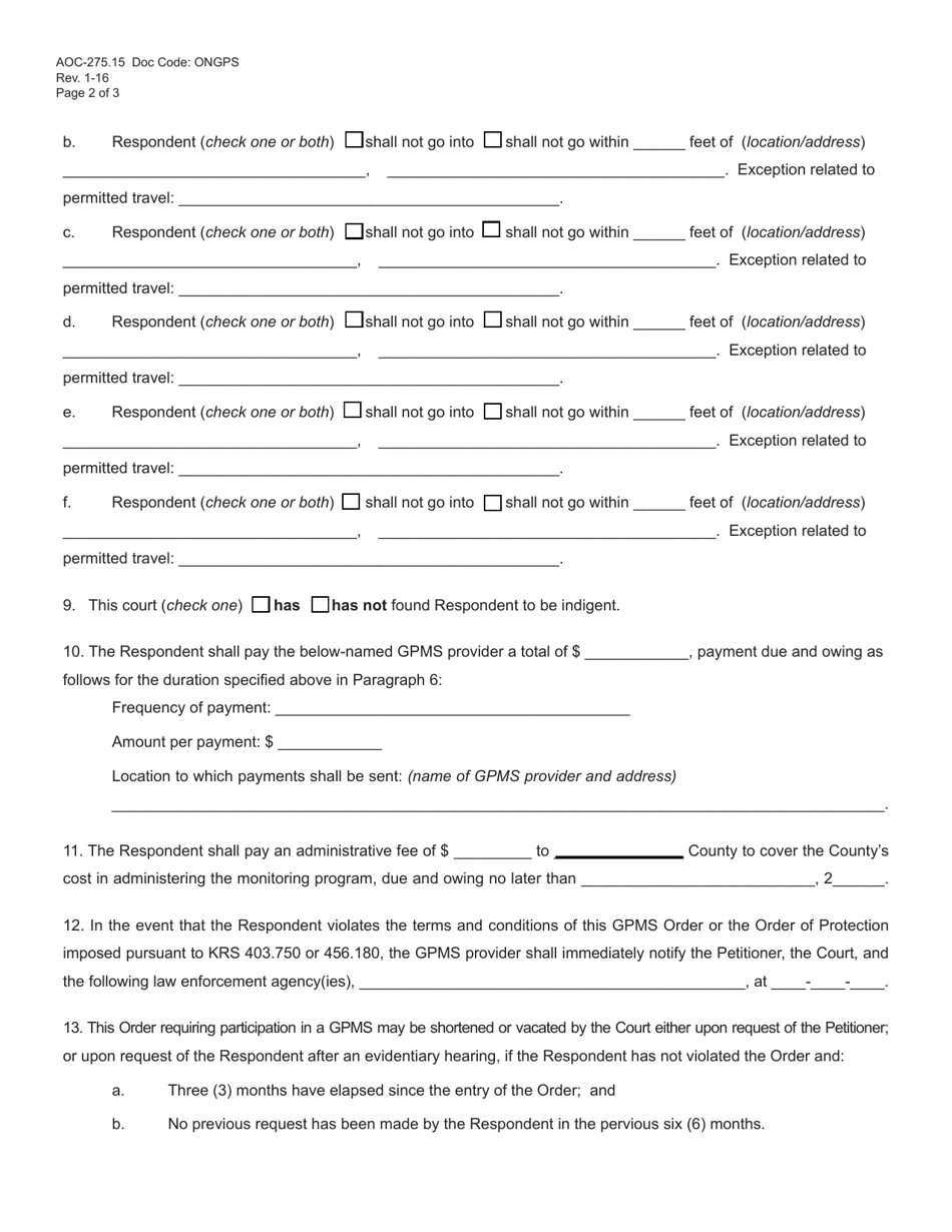 Form AOC-275.15 Gpms Order and Notification; Modified Gpms Order; Vacated Gpms Order - Kentucky, Page 2