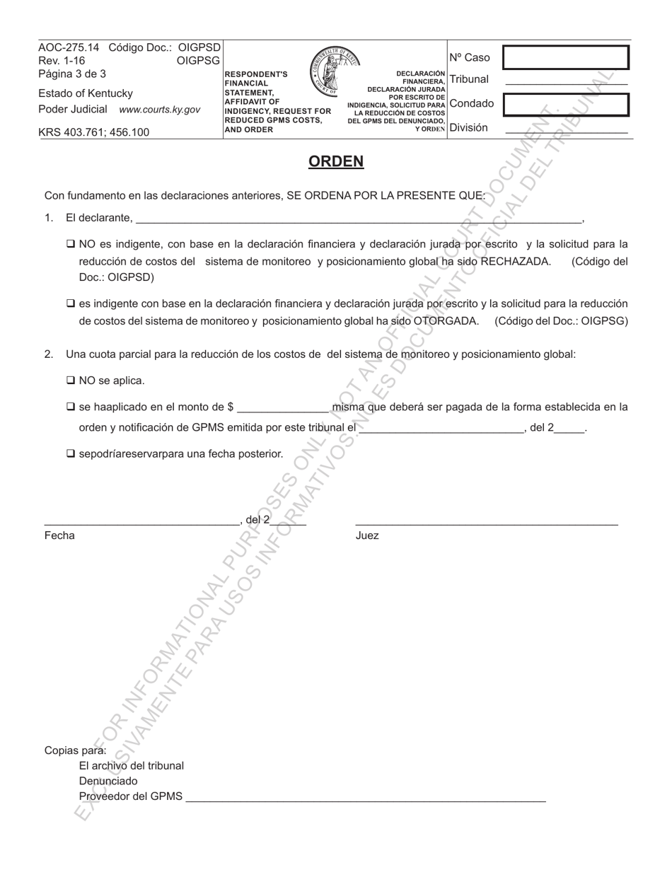 Formulario AOC-275.14 Declaracion Financiera, Declaracion Jurada Por Escrito De Indigencia, Solicitud Para La Reduccion De Costos Del Gpms Del Denunciado, Y Orden - Kentucky (Spanish), Page 3