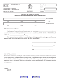 Document preview: Form AOC-275.13 Notice of Impending Expiration Un-served Emergency/Temporary Order of Protection - Kentucky