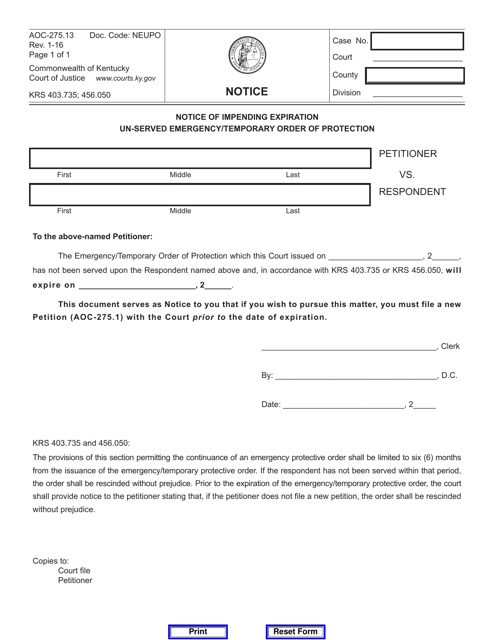 Form AOC-275.13 Notice of Impending Expiration Un-served Emergency/Temporary Order of Protection - Kentucky
