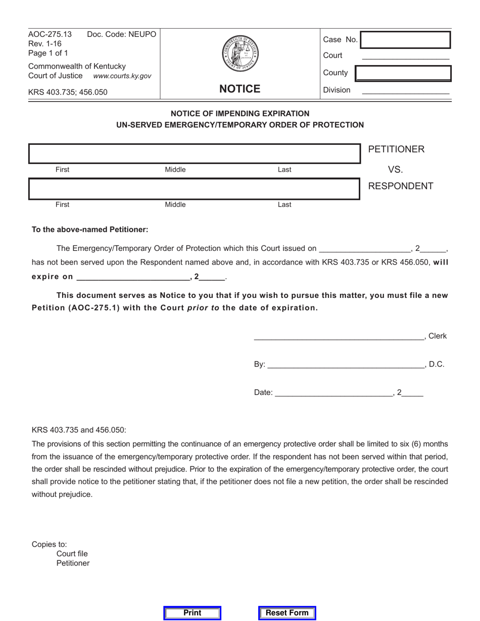 Form AOC-275.13 Notice of Impending Expiration Un-served Emergency / Temporary Order of Protection - Kentucky, Page 1