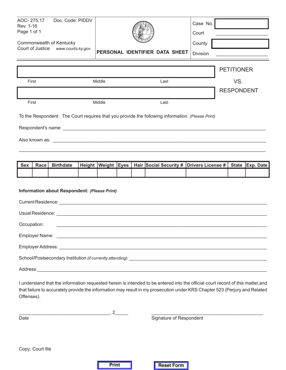 Form AOC-275.17 Personal Identifier Data Sheet - Kentucky, Page 1