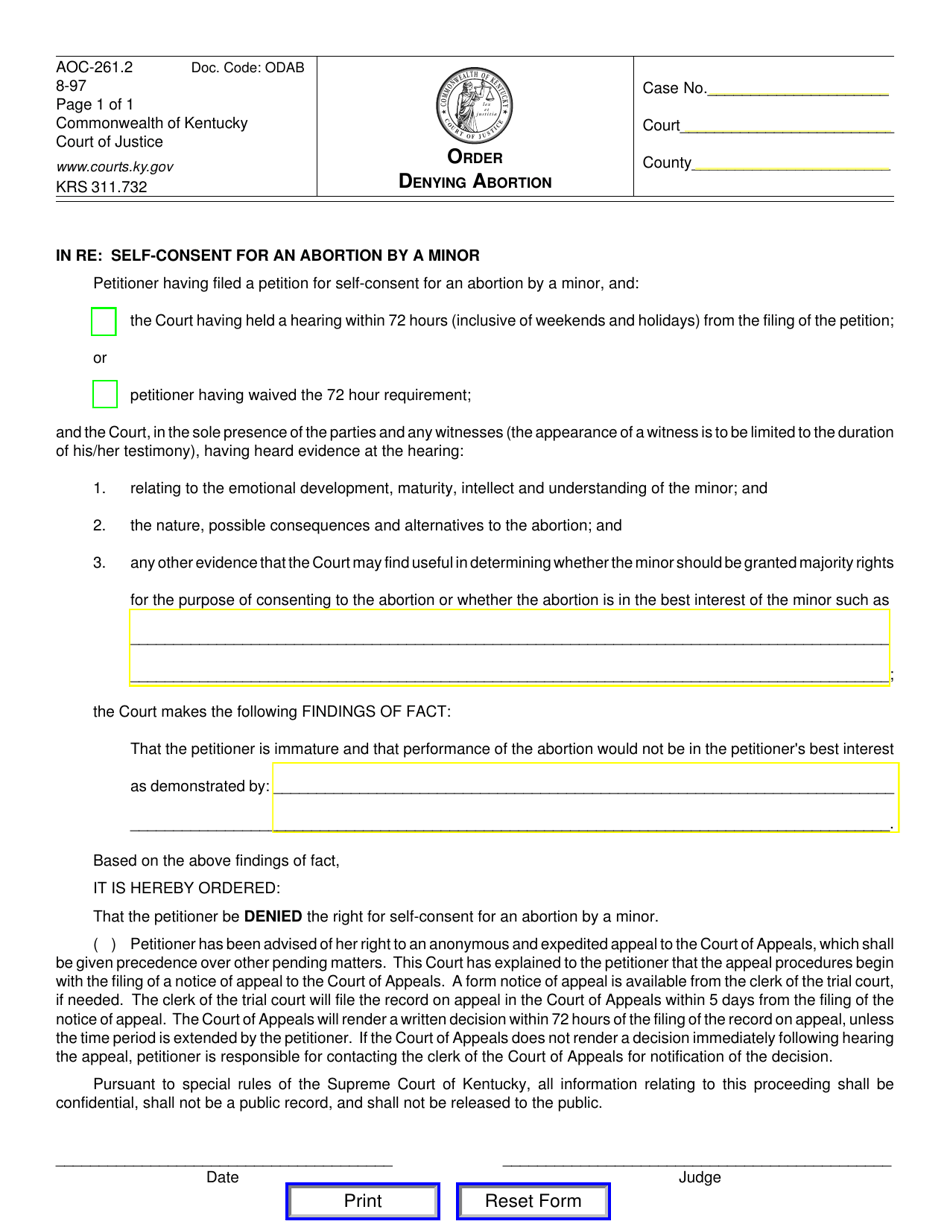 Form AOC-261.2 Order Denying Abortion - Kentucky, Page 1