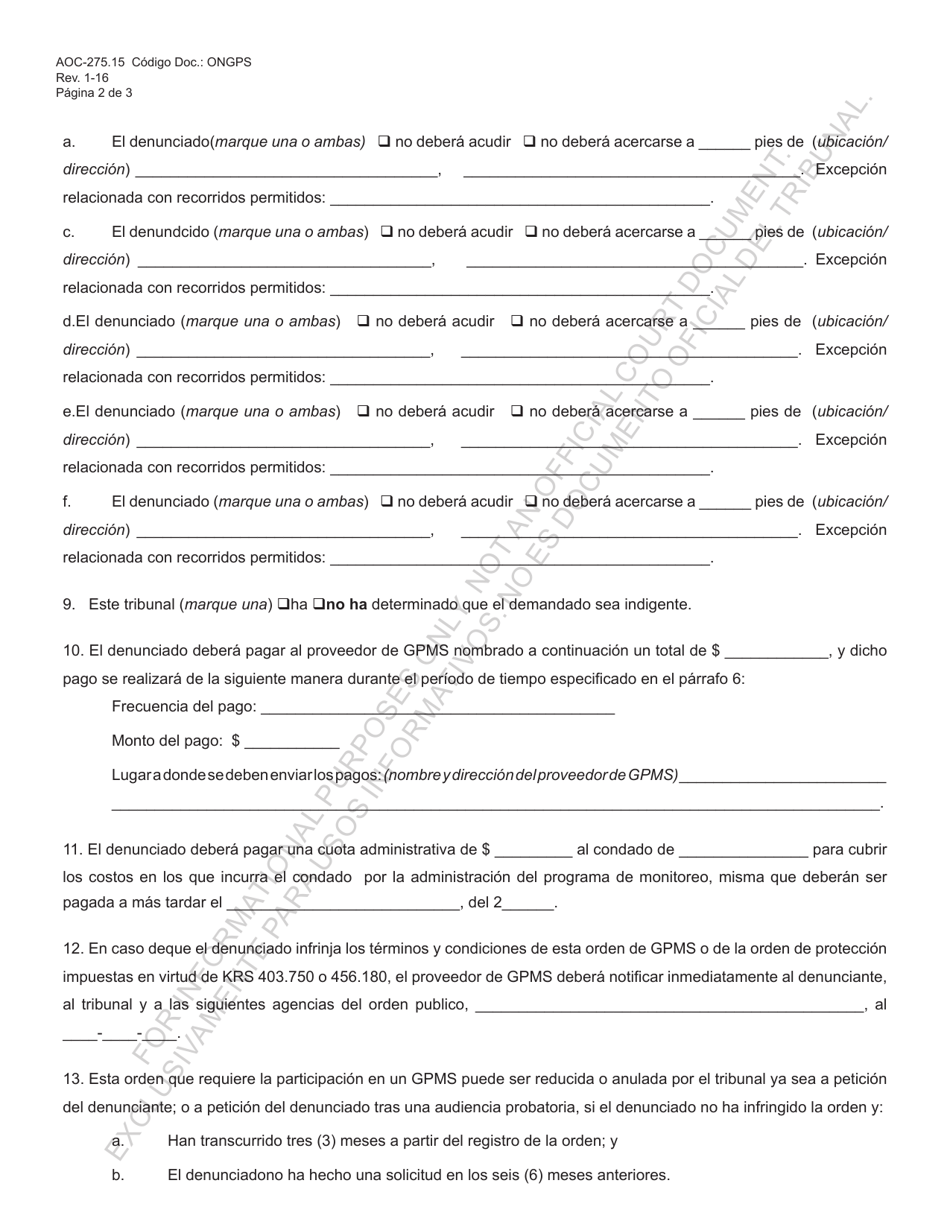 Formulario AOC-275.15 Orden Y Notificacion De Gpms / Orden De Gpms Modificada / Orden De Gpms Anulada - Kentucky (Spanish), Page 2
