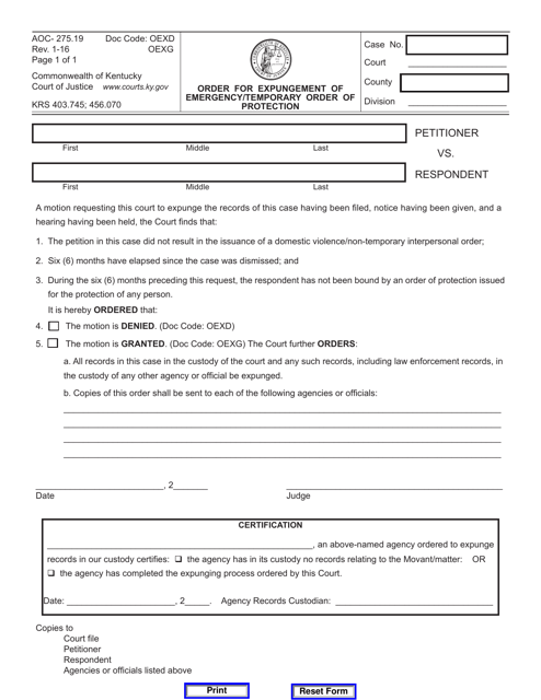 Form AOC-275.19 Order for Expungement of Emergency/Temporary Order of Protection - Kentucky