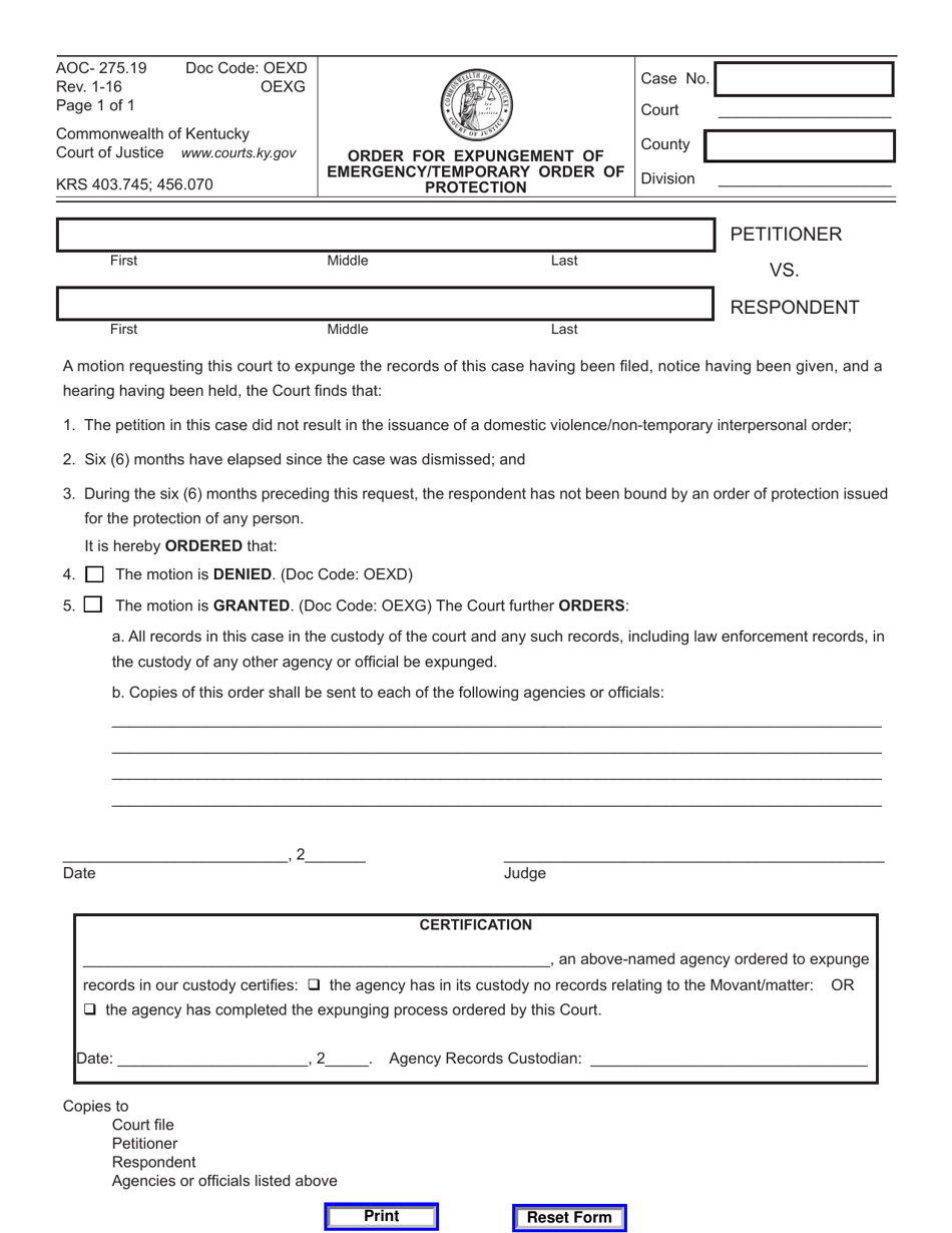 Form AOC-275.19 Order for Expungement of Emergency / Temporary Order of Protection - Kentucky, Page 1