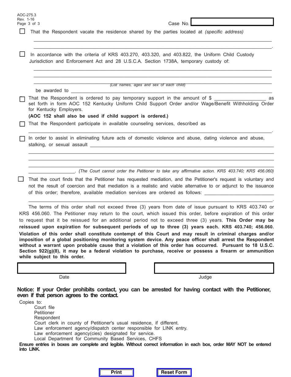 Form AOC-275.3 Order of Protection; Domestic Violence Order; Amended Domestic Violence Order; Interpersonal Protective Order; Amended Interpersonal Protective Order - Kentucky, Page 3
