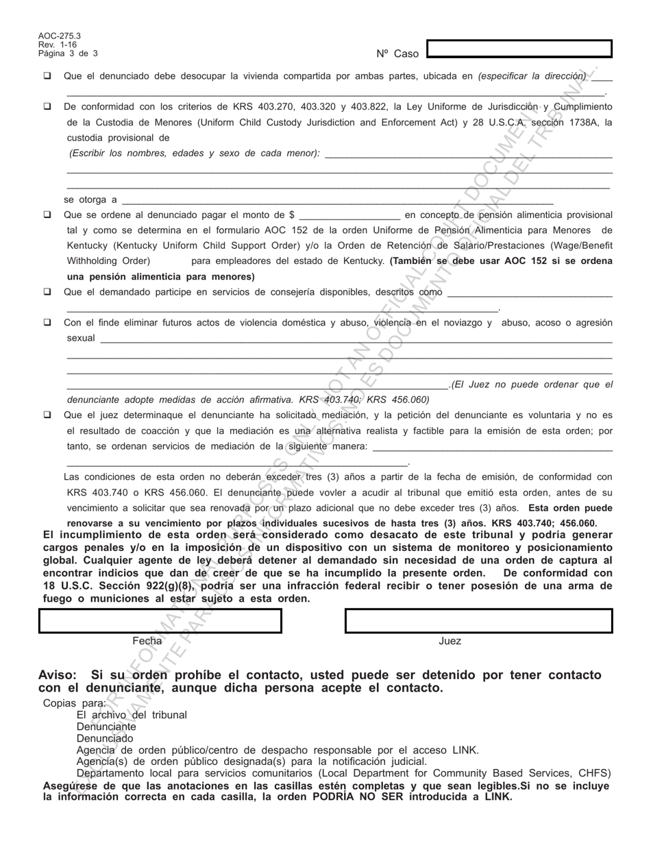 Formulario AOC-275.3 Orden De Proteccion; Orden De Violencia Domestica; Orden De Violencia Domestica Modificada; Orden De Proteccion Interpersonal; Orden De Proteccion Interpersonal Modificada - Kentucky (Spanish), Page 3