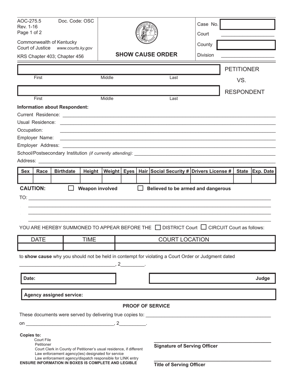 Form AOC-275.5 Show Cause Order - Kentucky, Page 1