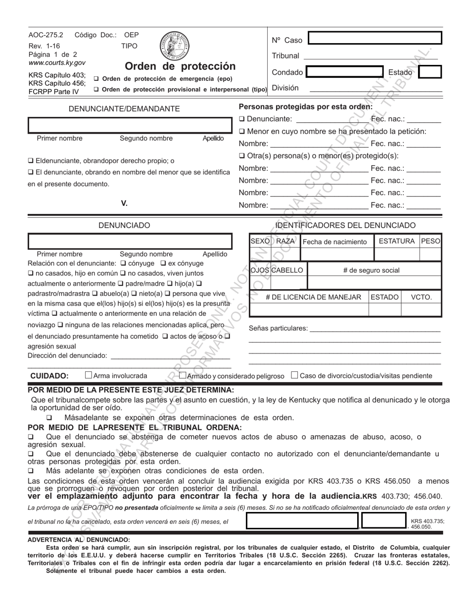 Formulario AOC-275.2 Orden De Proteccion Orden De Proteccion De Emergencia (Epo); Orden De Proteccion Provisional E Interpersonal (Tipo) - Kentucky (Spanish), Page 1