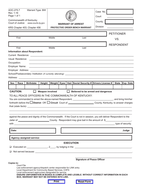 Form AOC-275.7 Warrant of Arrest Protective Order Bench Warrant - Kentucky