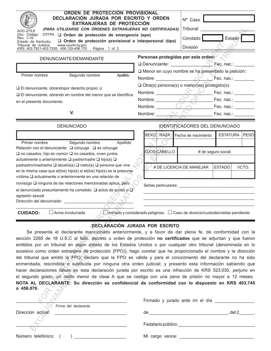Formulario AOC-275.8 Orden De Proteccion Provisional Declaracion Jurada Por Escrito Y Orden Extranjeras De Proteccion - Kentucky (Spanish), Page 1