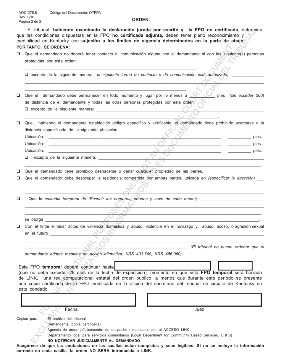 Formulario AOC-275.8 Orden De Proteccion Provisional Declaracion Jurada Por Escrito Y Orden Extranjeras De Proteccion - Kentucky (Spanish), Page 2