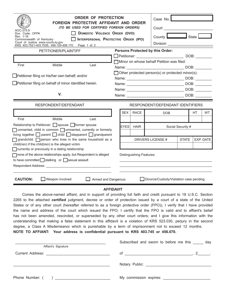 Form AOC-275.9 Order of Protection Foreign Protective Affidavit and Order - Kentucky, Page 1