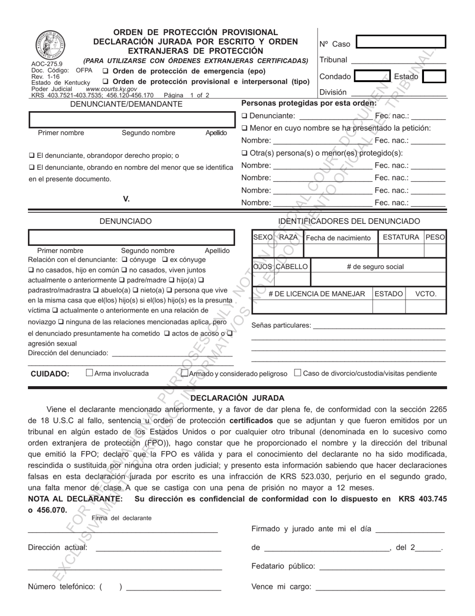Formulario AOC-275.9 Orden De Protecci n Provisional Declaracion Jurada Por Escrito Y Orden Extranjeras De Proteccion - Kentucky (Spanish), Page 1