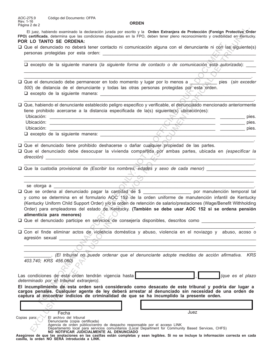 Formulario AOC-275.9 Orden De Protecci n Provisional Declaracion Jurada Por Escrito Y Orden Extranjeras De Proteccion - Kentucky (Spanish), Page 2