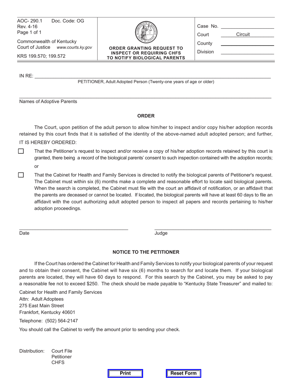 Form AOC-290.1 Order Granting Request to Inspect or Requiring Chfs to Notify Biological Parents - Kentucky, Page 1