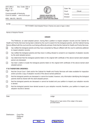 Document preview: Form AOC-290.2 Order Granting or Denying Request to Inspect Adoption Records - Kentucky