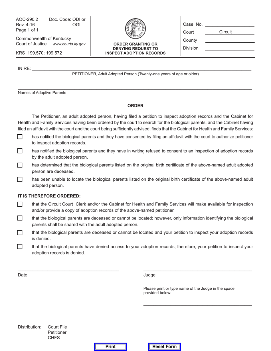 Form AOC-290.2 Order Granting or Denying Request to Inspect Adoption Records - Kentucky, Page 1