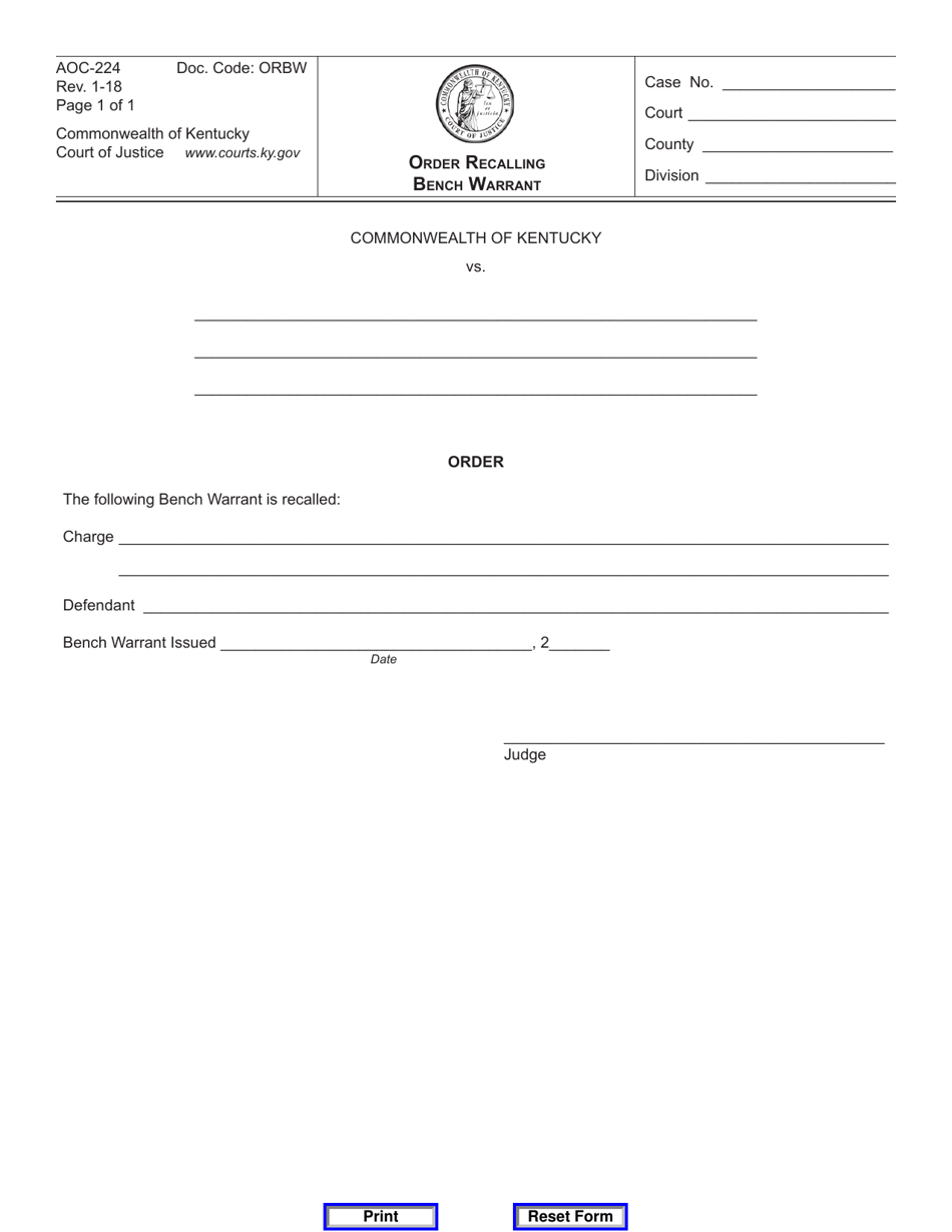 Form AOC-224 Order Recalling Bench Warrant - Kentucky, Page 1