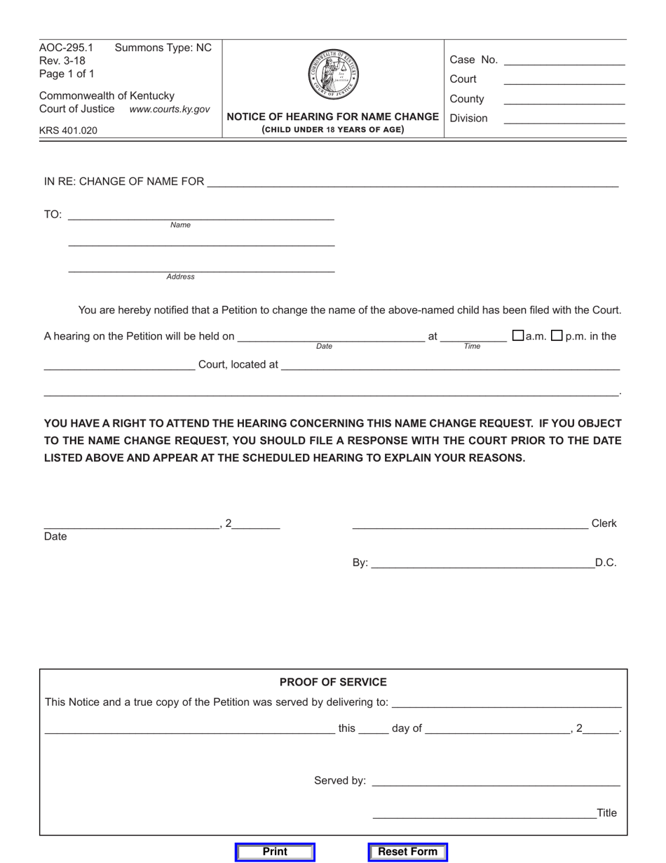 Form AOC-295.1 Notice of Hearing for Name Change (Child Under 18 Years of Age) - Kentucky, Page 1