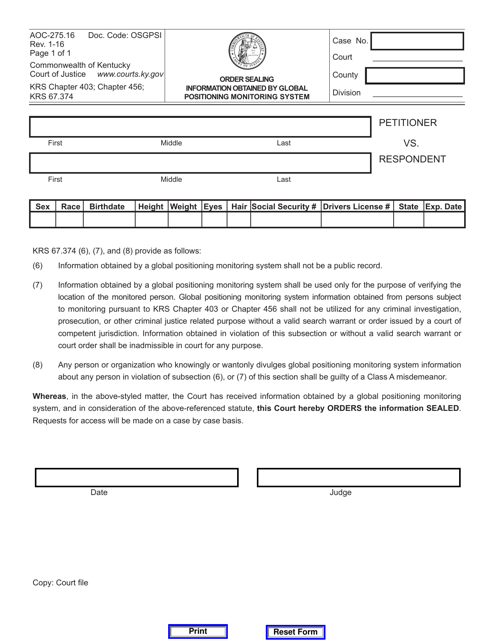 Form AOC-275.16  Printable Pdf