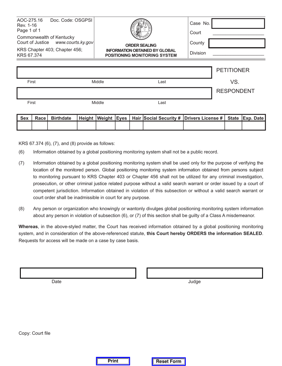 Form AOC-275.16 Order Sealing Information Obtained by Global Positioning Monitoring System - Kentucky, Page 1