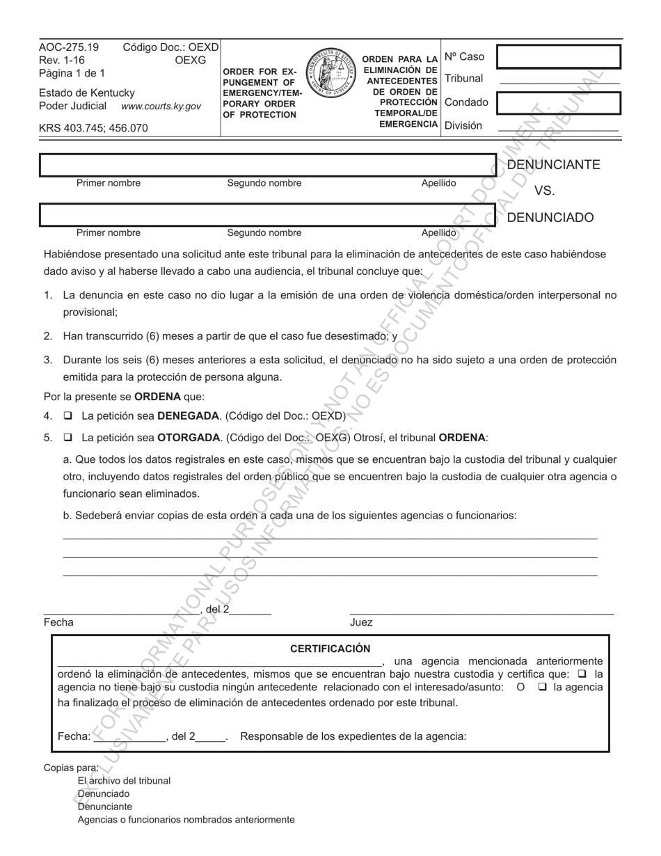 Formulario AOC-275.19 Orden Para La Eliminacion De Antecedentes De Orden De Proteccion Temporal / De Emergencia - Kentucky (Spanish), Page 1
