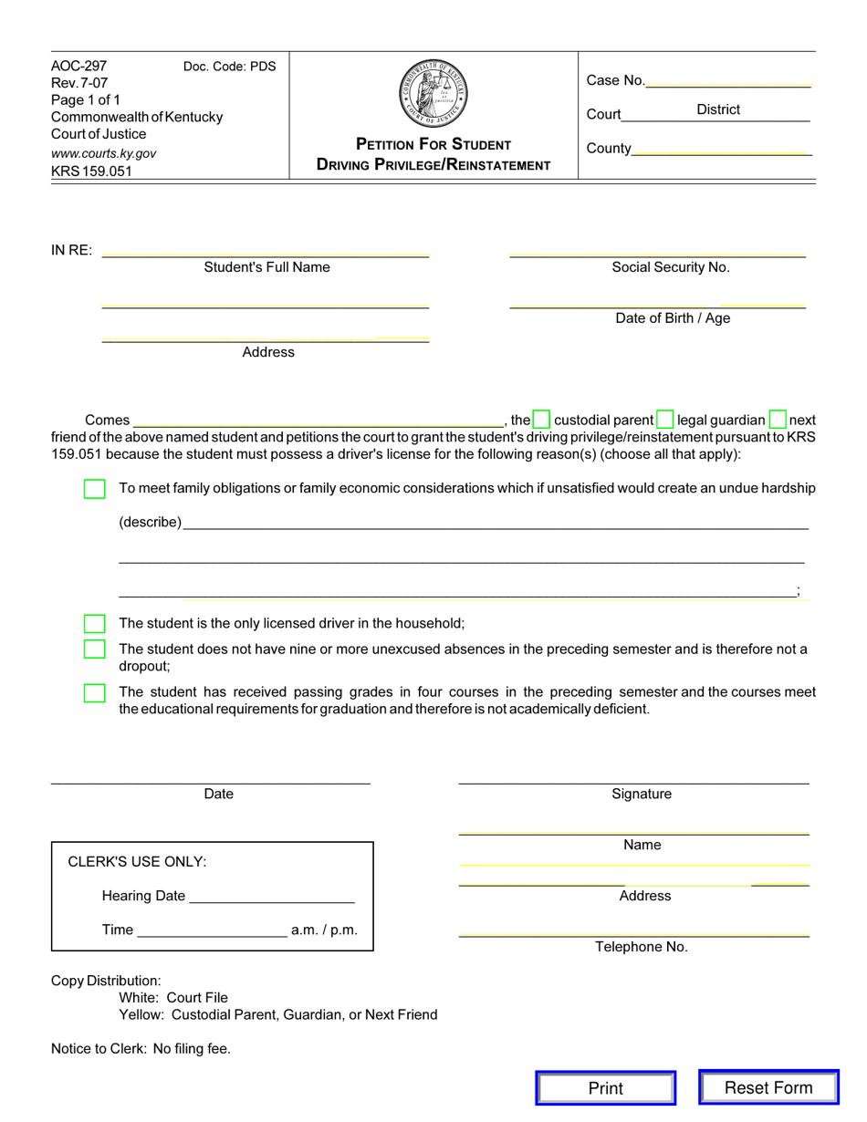 Form AOC-297 Petition for Student Driving Privilege / Reinstatement - Kentucky, Page 1