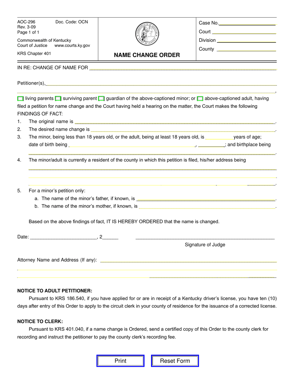 Form AOC-296 Name Change Order - Kentucky, Page 1