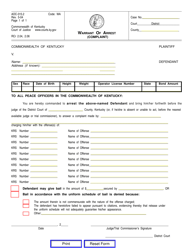 Document preview: Form AOC-315.2 Warrant of Arrest (Complaint) - Kentucky