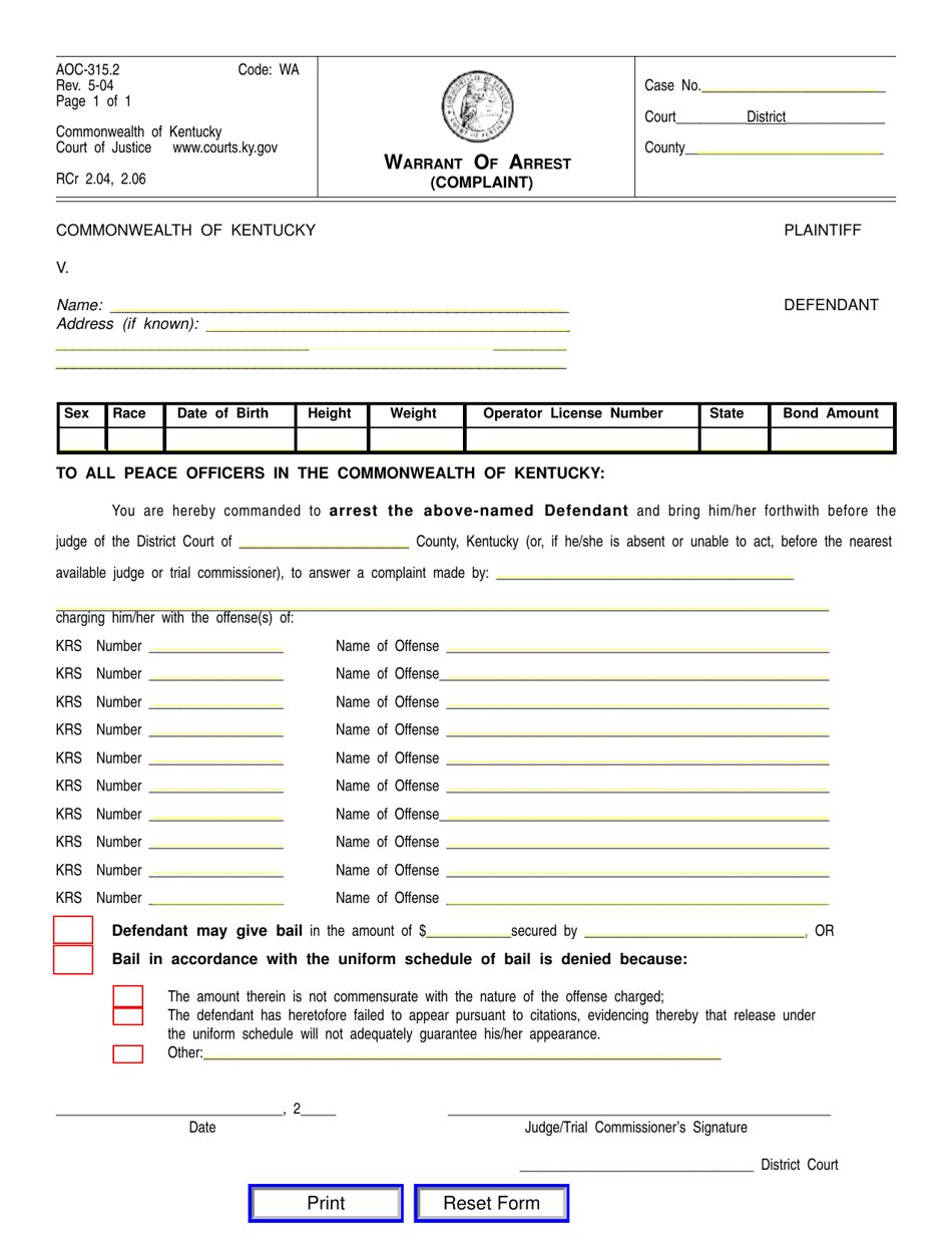 Form AOC-315.2 Warrant of Arrest (Complaint) - Kentucky, Page 1