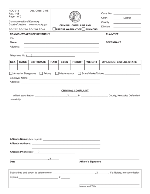Form AOC-315 Criminal Complaint and Arrest Warrant or Summons - Kentucky
