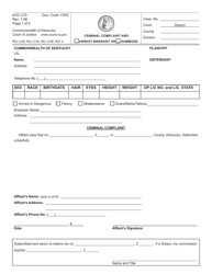 Form AOC-315 Criminal Complaint and Arrest Warrant or Summons - Kentucky