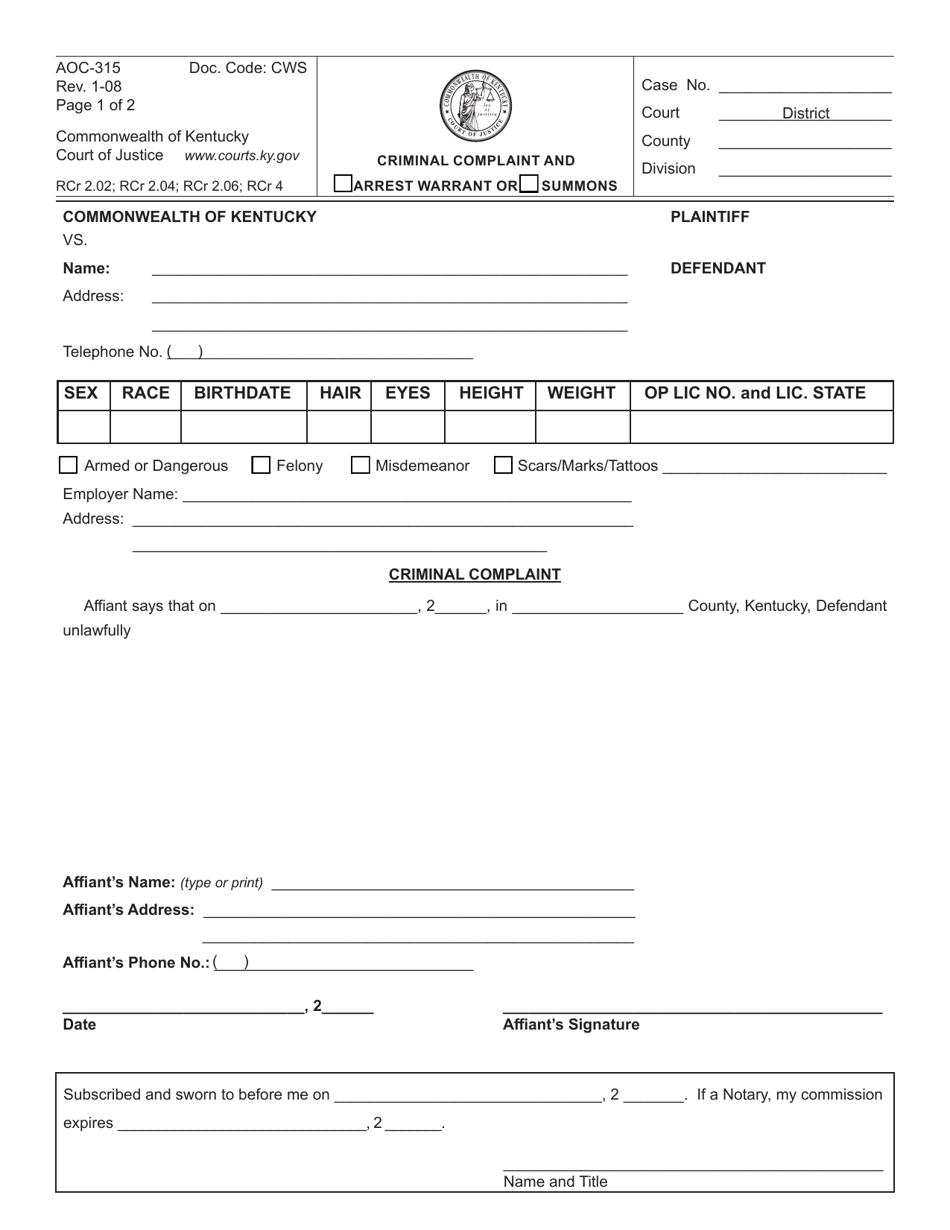 Form AOC-315 Criminal Complaint and Arrest Warrant or Summons - Kentucky, Page 1